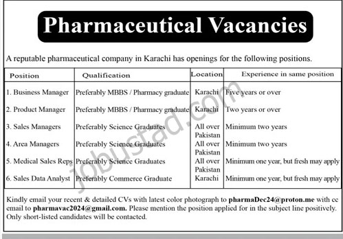 Pharmaceutical Company Jobs in Karachi December 2024