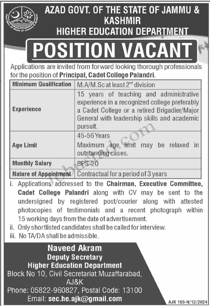 Principal Job In Palandri  January 2025 Advertisement