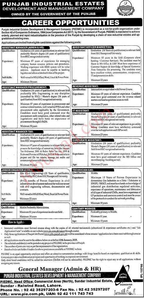 Punjab Industrial Estate Development and Management Company Jobs in Lahore 2025