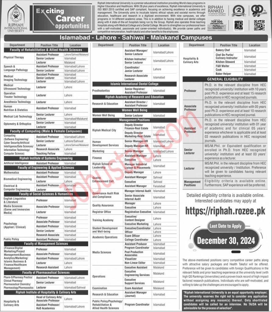 Riphah International University Jobs in Pakistan December 2024