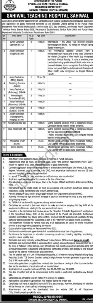 Sahiwal Teaching Hospital Jobs 2024 Apply Online