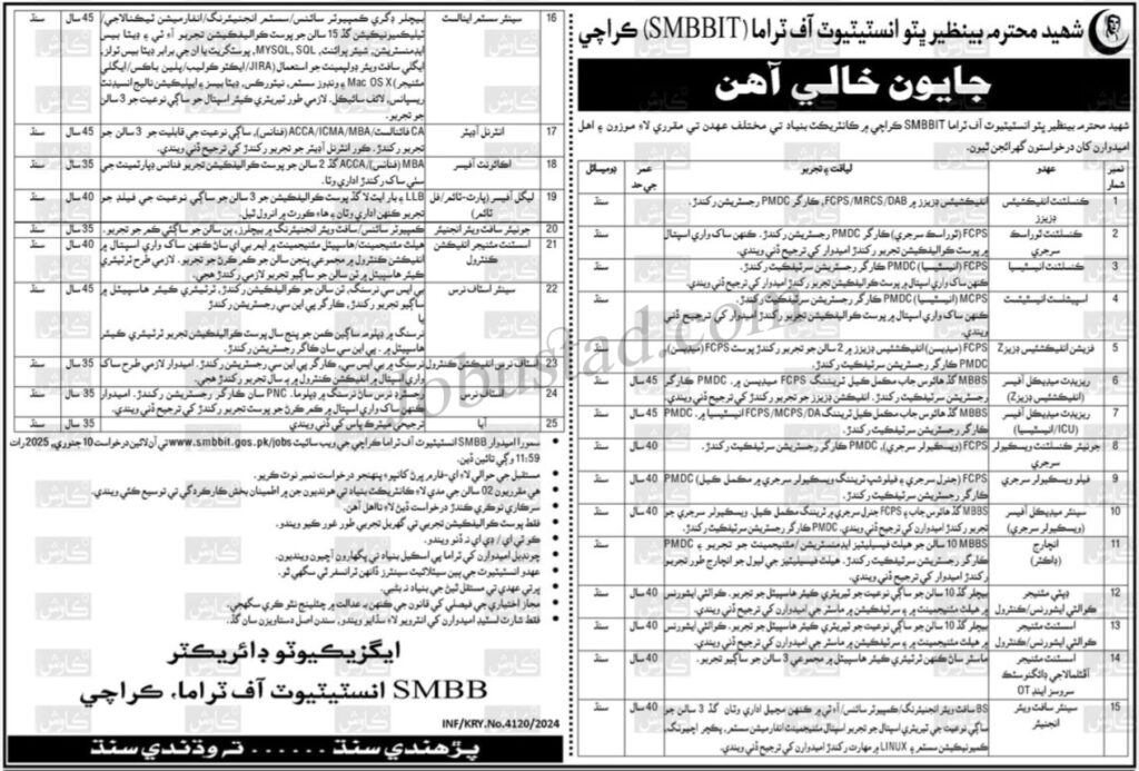 Shaheed Benazir Bhutto Institute of Trauma Jobs In Karachi January 2025 Advertisement