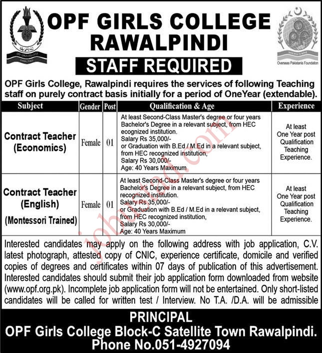 Teaching Jobs in OPF Girls College Rawalpindi January 2025
