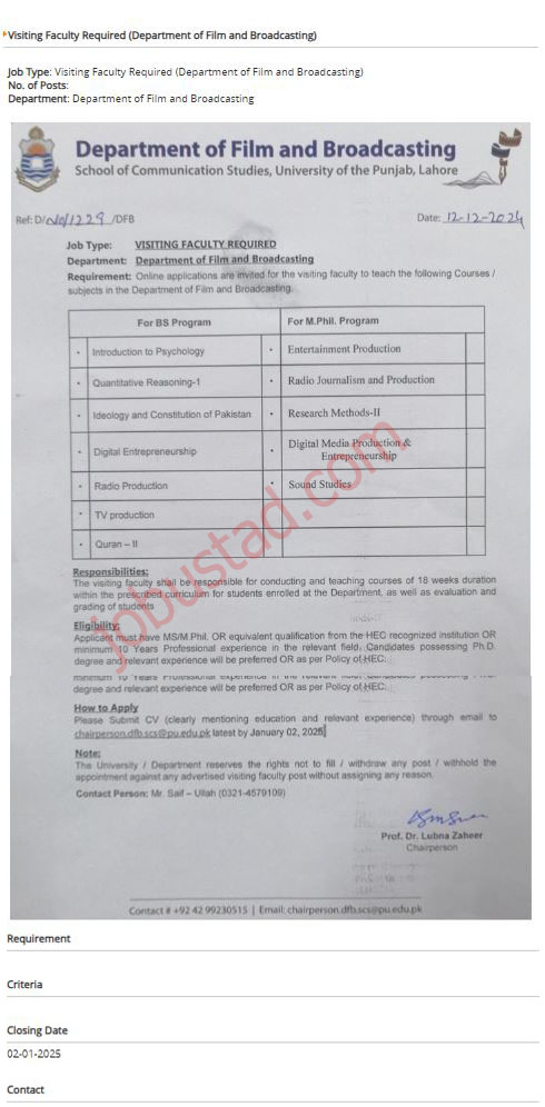 Teaching Staff PU Jobs in Lahore January 2025