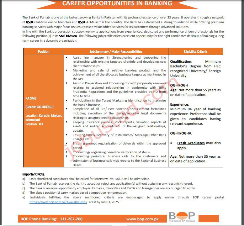 The Bank of Punjab Jobs in Multan December 2024 