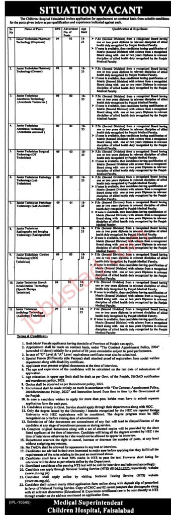 The Children Hospital Jobs in Faisalabad 2024