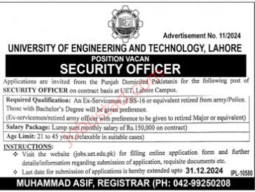 UET Jobs in Lahore December 2024 Online Application