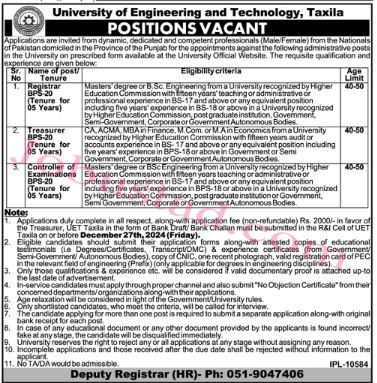 University of Engineering and Technology Jobs In Taxila December 2024