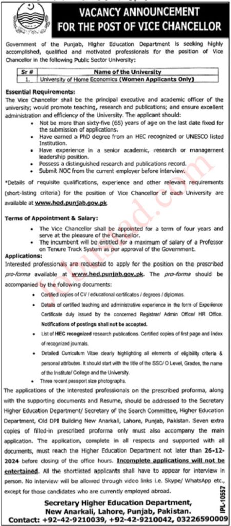 University of Home Economics Jobs in Lahore December 2024
