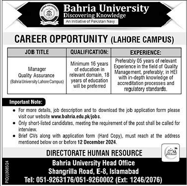 Bahria University Jobs in Lahore Campus December 2024