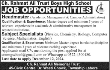 Principal Jobs in Ch Rahmat Ali Trust Boys High School Lahore December 2024 Online Apply