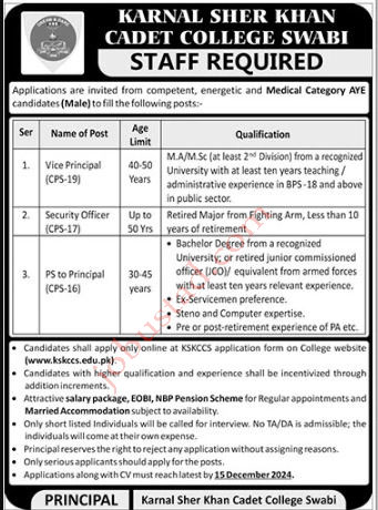 Karnal Sher Khan Cadet College Jobs In Swabi December 2024