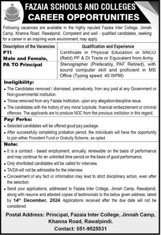 Fazaia School and College Jobs in Rawalpindi December 2024
