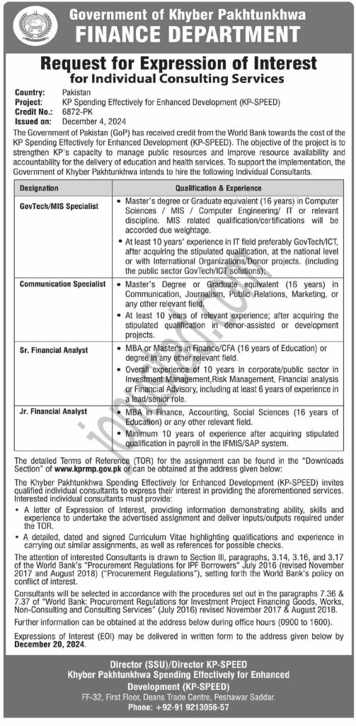 Finance Department Jobs in KPK December 2024