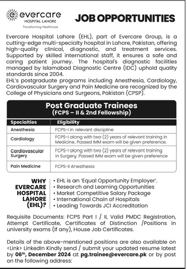 Evercare Hospital Jobs In Lahore December 2024