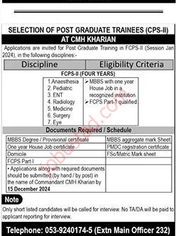 Combined Military Hospital Jobs in Kharian December 2024
