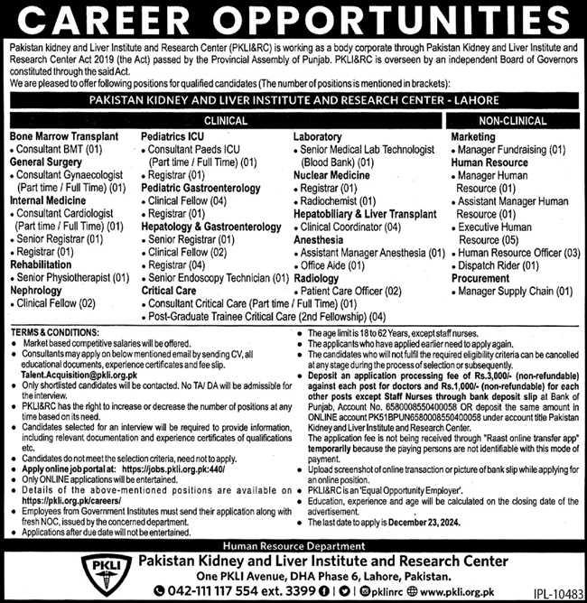 Pakistan Kidney and Liver Institute jobs in Lahore December 2024 Online Apply