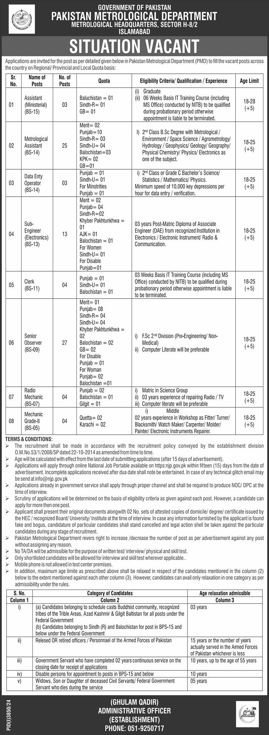 Pakistan Meteorological Department PMD Jobs in Islamabad Dec 2024