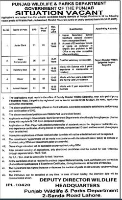 Punjab Wildlife & Parks Department Jobs In Lahore December 2024