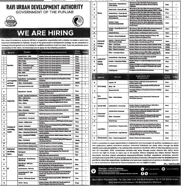 Ravi Urban Development Authority Jobs in Lahore 2024 Application Form