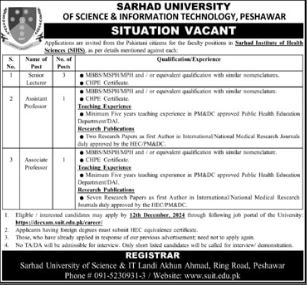Sarhad University of Science & Information Technology Peshawar Jobs 2024