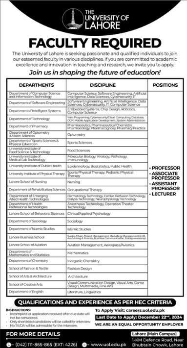 Jobs in University of Lahore December 2024 Application Form