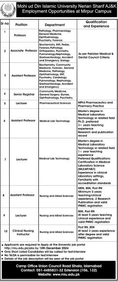 Mohi-ud-Din Islamic University jobs in AJK December 2024 Apply Online 