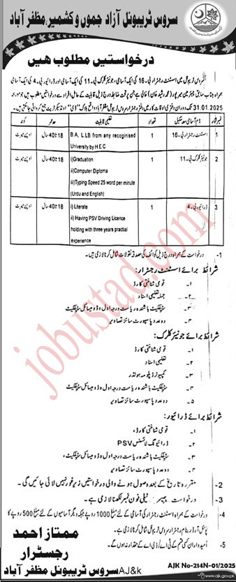 AJK Service Tribunal Jobs in Muzaffarabad January 2025