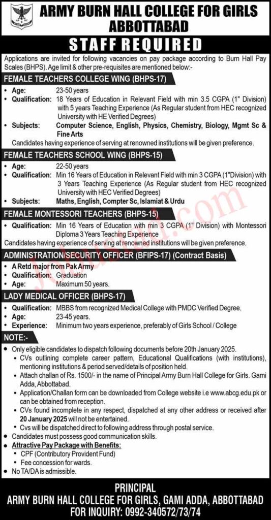 Army BURN Hall College for Girls Jobs in Abbottabad January 2025