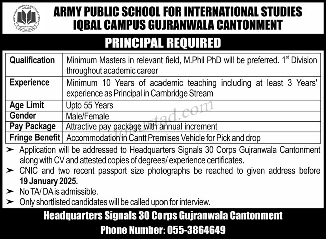 Army Public School Jobs In Gujranwala Cantonment January 2025 Advertisement