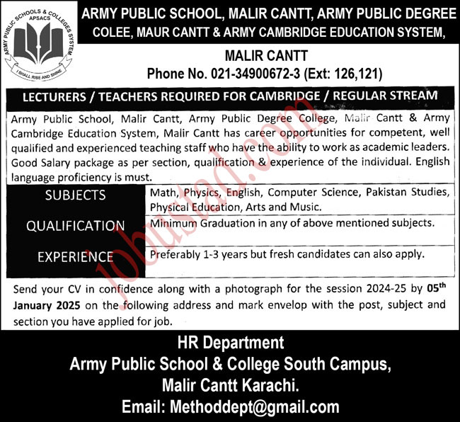 Army Public School and College Jobs in Malir Cantt Jaunary 2025 