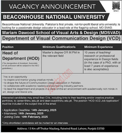 Beaconhouse National University Jobs In Lahore January 2025 Advertisement