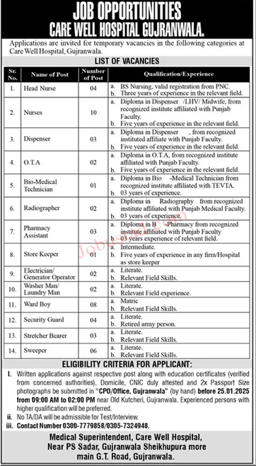 Care Well Hospital Jobs In Gujranwala January 2025 Advertisement