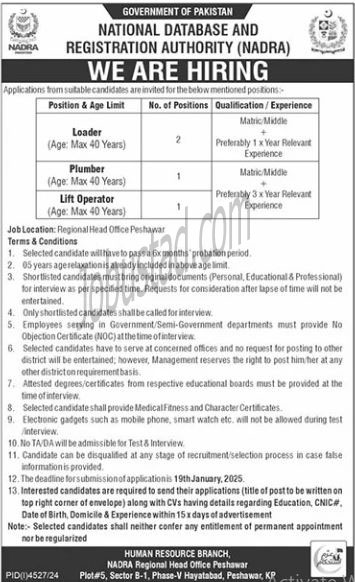 Class 4 Jobs In NADRA Peshawar January 2025 Advertisement