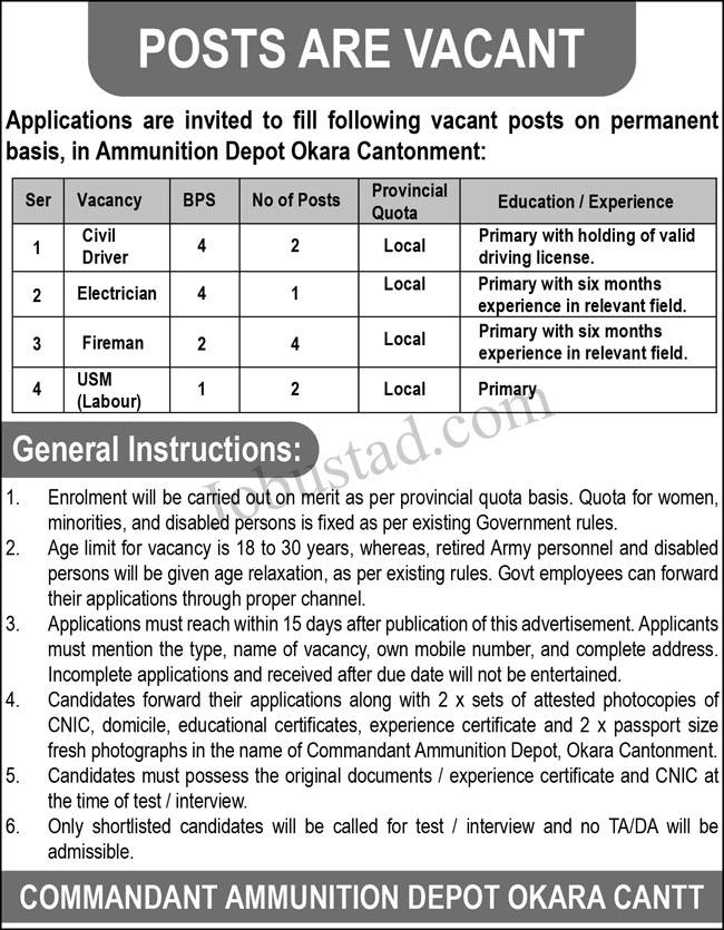 Class 4 Jobs In Okara Cantonment January 2025 Advertisement 