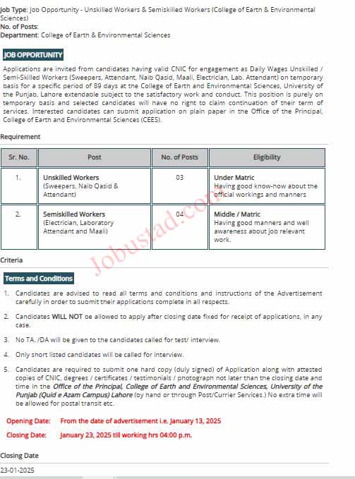New Class 4 Jobs in Punjab University January 2025 