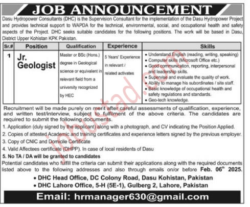Dasu Hydropower Consultants Jobs in Lahore January 2025