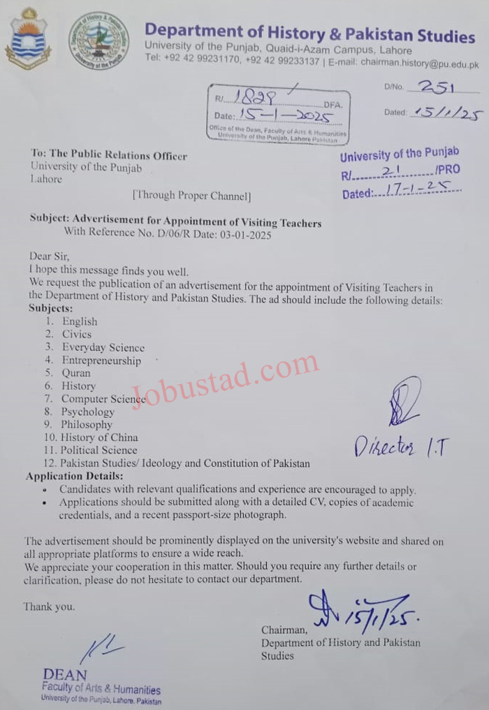 Department of Pak Study PU Jobs In Lahore January 2025 Advertisement