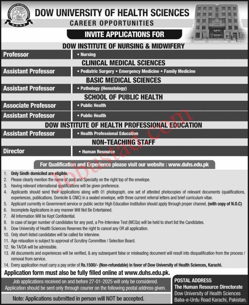 Dow University of Health Sciences Jobs in Karachi January 2025