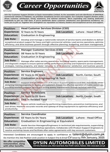 Dysin Automobiles Limited Jobs in Lahore January 2025