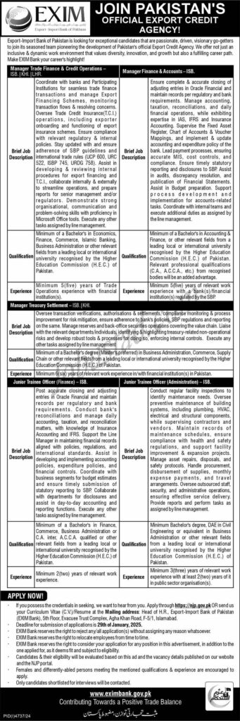Exim Bank Jobs In Islamabad January 2025 Advertisement