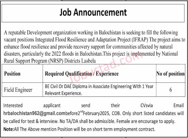 Field Engineer Jobs in Lasbela January 2025