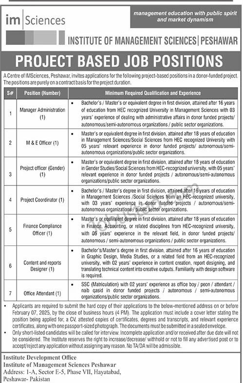 Institute of Management Science Jobs In Peshawar January 2025 Advertisement