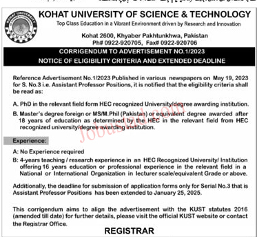 Kohat University of Science & Technology Jobs January 2025 Advertisement