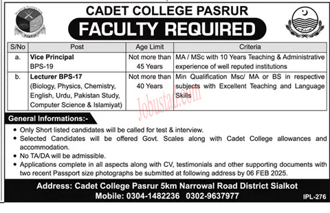 Latest Cadet College Jobs In Pasrur January 2025 Advertisement