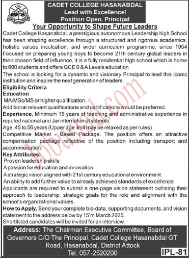 Latest Cadet College Jobs in Hasanabdal January 2025