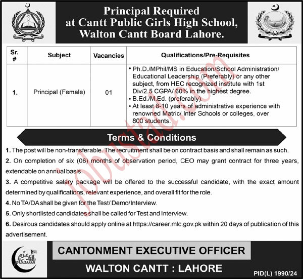 Latest Cantt Public Girls High School Jobs in Lahore January 2025