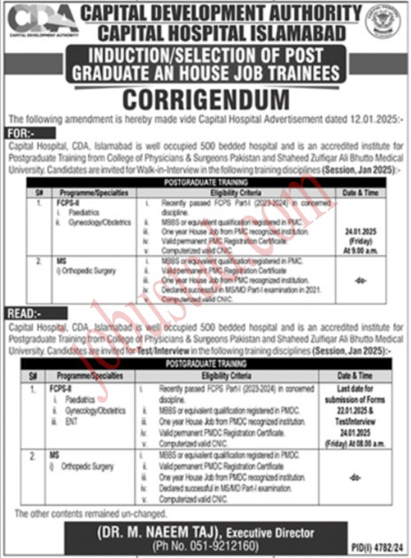 Latest Capital Development Authority Hospital Jobs in Islamabad January 2025