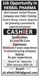 Latest Cashier Jobs in Lahore January 2025
