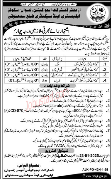 Latest Class 4 Jobs In AJK January 2025 Advertisement
